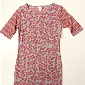 LuLaRoe Gray with Red Stripes & Polka Dot Dress